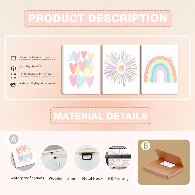 Framed Girls Rainbow Canvas Wall Art Set of 3, Colorful Boho Sun Nursery Wall Decor Painting, Kids Heart Picture Posters Prints for Classroom Kids Room Baby Room Bedroom Dorm Decor 16x24 In