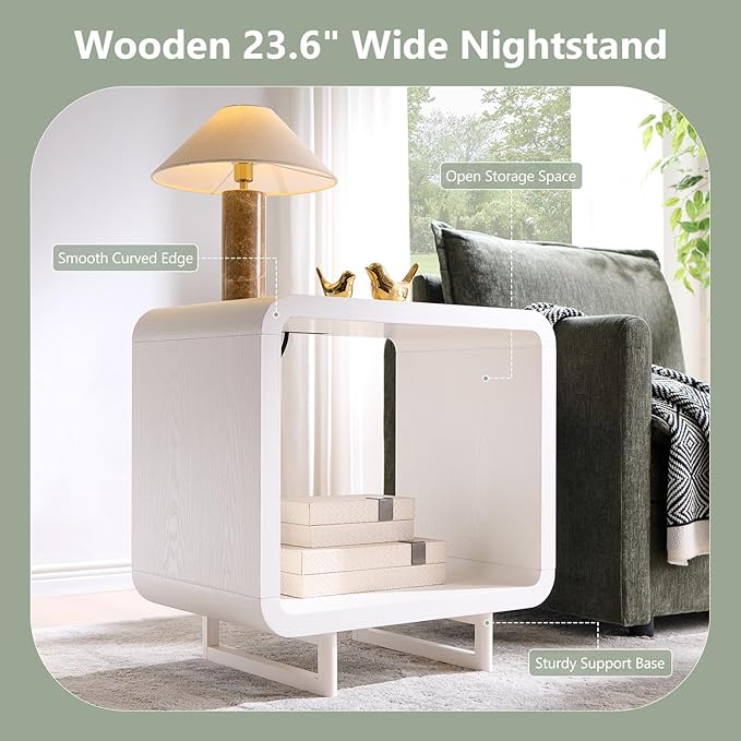 23.6" Modern End Table, 2 Tier Side Table with Charging Station, Simple Bedside Table with Open Storage Shelf, Outlet, Wooden Nightstand for Bedroom, Living Room, Study, Easy Assembly, White