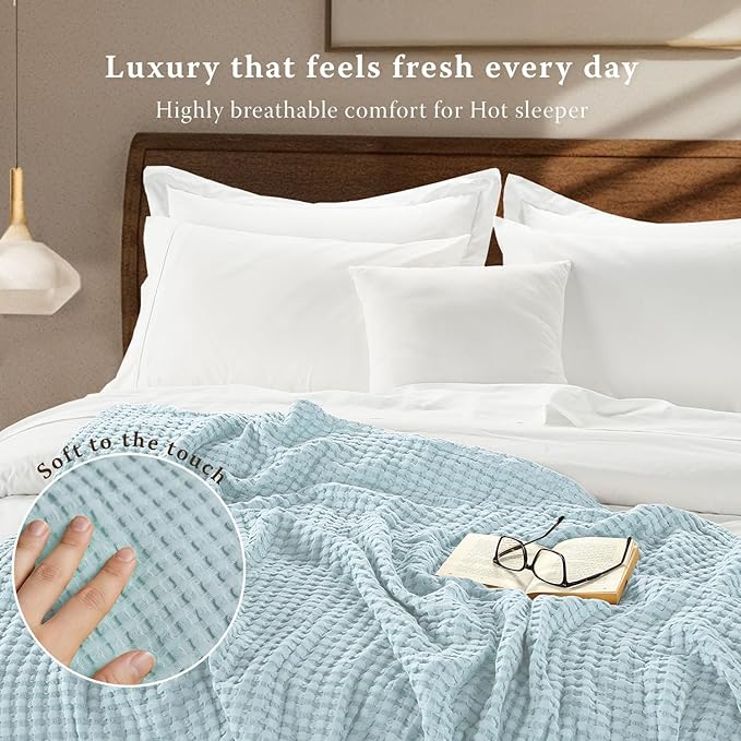 Threadmill Cooling Waffle Blanket King Size | Breathable, Lightweight and Cooling | Made from Rayon Derived from Bamboo | Waffle Throw Blanket for Couch and Sofa | 106 x 92 Inches | Light Blue