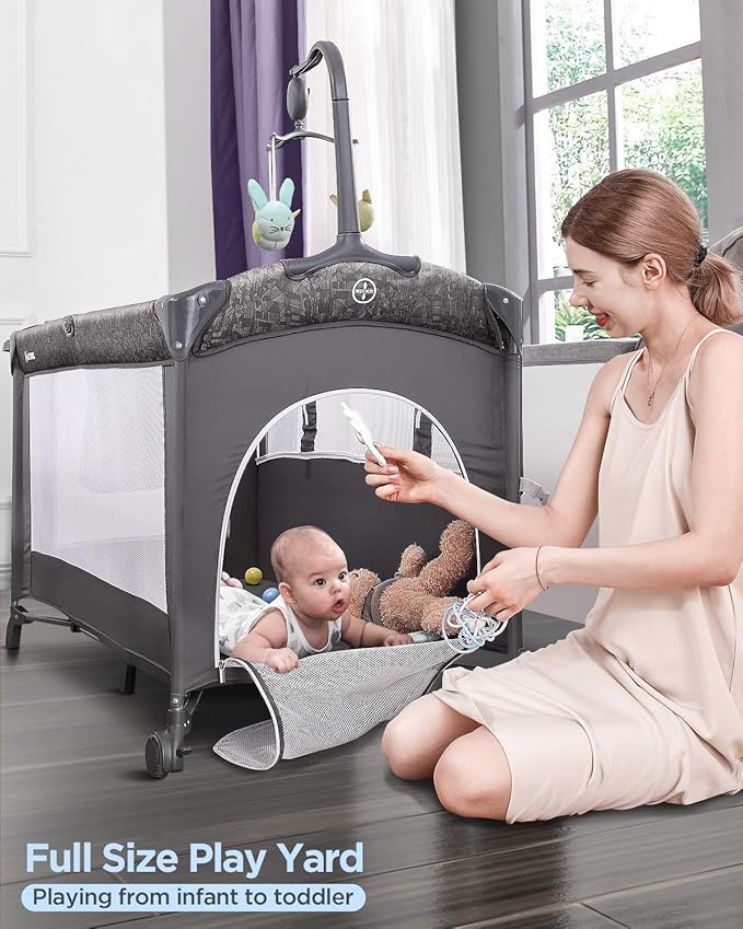 ADOVEL Baby Bassinet Bedside Crib, Pack and Play with Mattress, Diaper Changer and Playards from Newborn to Toddles, Grey