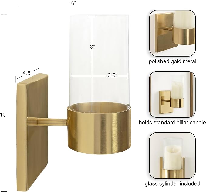 Kate and Laurel Zabler Modern Metal Wall Sconce, 5 x 6 x 10, Gold, Round Candle Holder with Removable Glass Cylinder for Flameless Candle Display in Bedroom or Bathroom