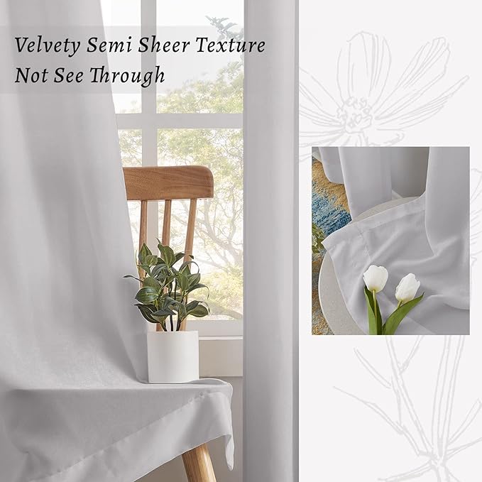 Melodieux Silver Grey Velvety Semi Sheer Curtains 96 Inch Length for Bedroom, Living Room Natural Cotton Texture Rod Pocket Window Sheer Drapes, 52 by 96 Inch (2 Panels)