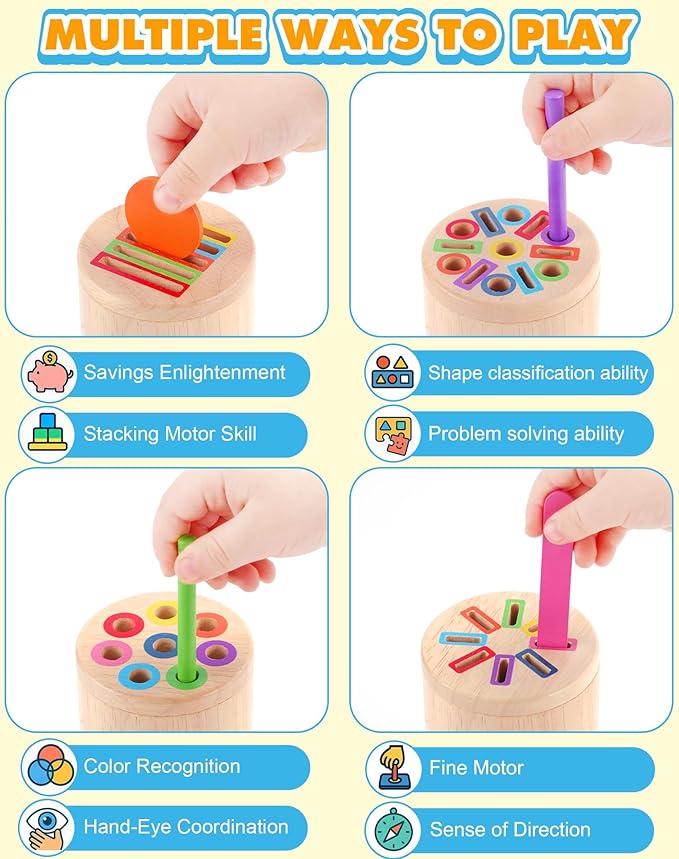 Wooden Montessori Toys for 1, 2,3 Year Old: 3 in 1 Fine Motor Skills Juguetes, Learning Color Matching Sorting Sensory - for Toddlers 15,18,24 Month
