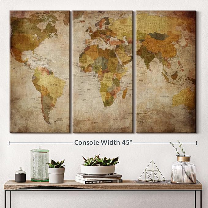 ElephantStock World Map Multi Piece Canvas - 3 Piece Canvas World Map Wall Decor - Wall Decor - Ready-to-Hang Print - Vintage Wall Art - 45" X 28"
