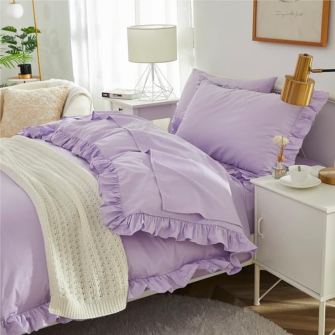 Brandream Kids Bedding Set Full/Queen Size 100% Organic Cotton Duvet Cover Shams Set for Girls 3pc, Delicate Ruffle Fringe Solid Color Soft and Breathable (Purple)