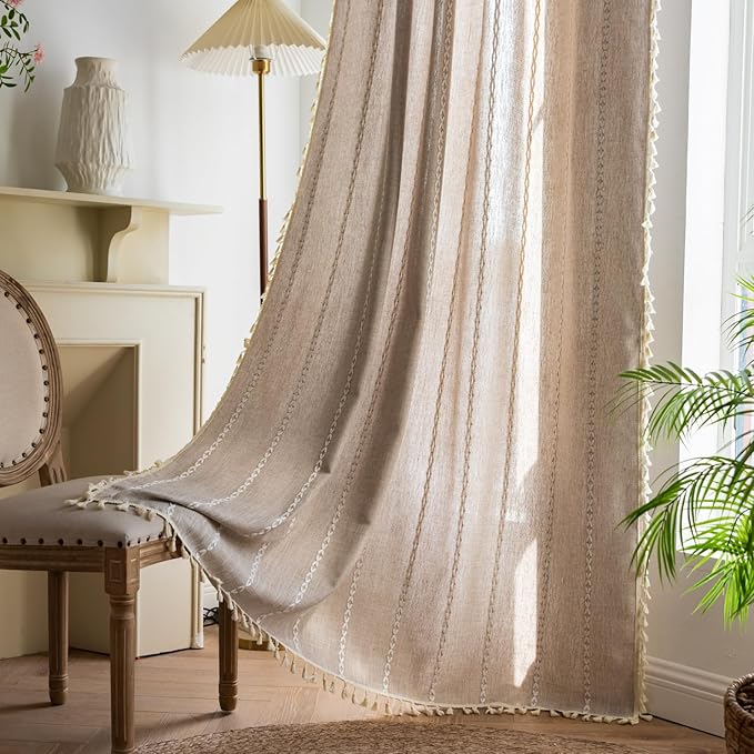 Deeprove Natural Burlap Look Boho Curtains 90 inches Length for Living Room Bedroom Nursery, Vintage Chic Bohemian 90 inches Long Embroidery Farmhouse Tassel Window Treatments, W52 x L90, 1 Panel