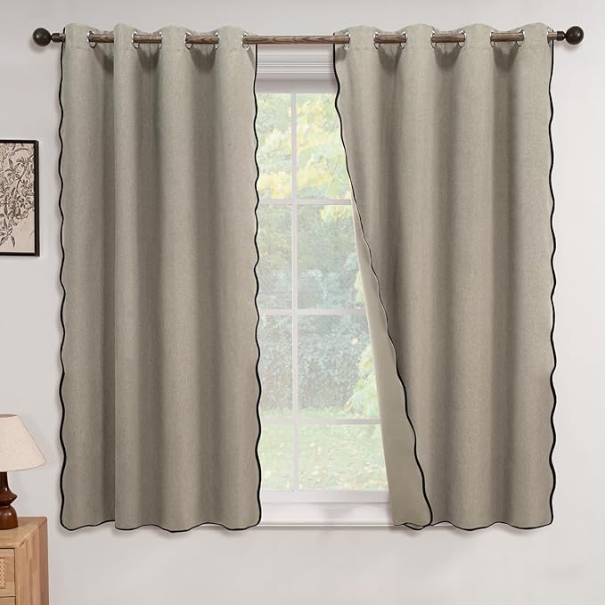 ColorBird Linen Blackout Curtains Scalloped Tan 100% Black Out Winter Thermal Insulated Curtains & Drapes 63 Inch Long for Living Room Bedroom Dining Room Closet Window Treatment