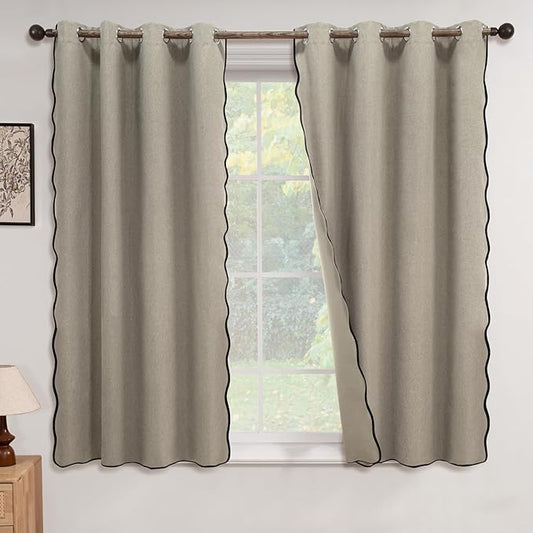 ColorBird Linen Blackout Curtains Scalloped Tan 100% Black Out Winter Thermal Insulated Curtains & Drapes 63 Inch Long for Living Room Bedroom Dining Room Closet Window Treatment