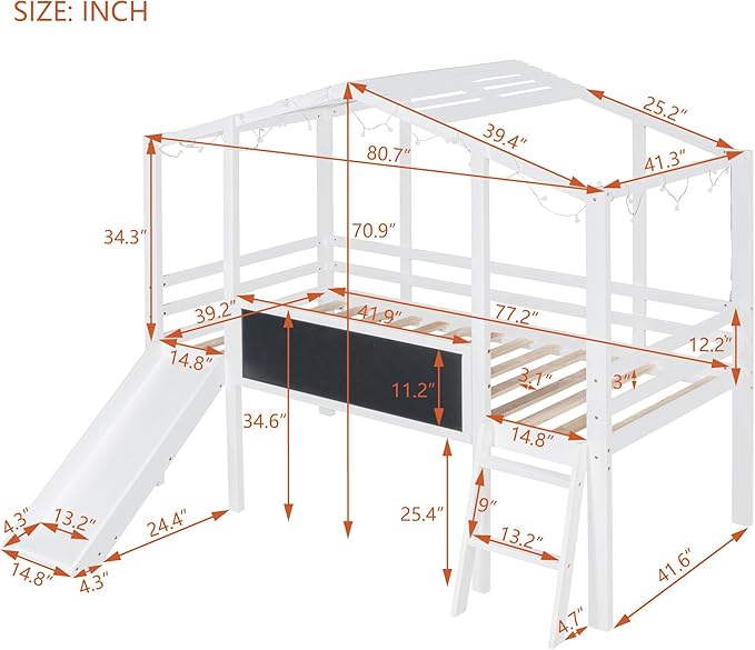Play Fun Design Twin Size Loft Bed with Ladder and Slide for Kids Boys Girls, Solid Wood House Loft Bed Frame with Blackboard and Light Strip on The Roof, Sturdy Slat Support (White-6)