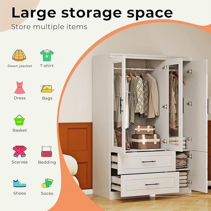 Armoire Wardrobe Closet with Mirror, 3 Door White Wood Wardrobe Closet Wooden Bedroom Armoire 2 Drawer with Hanging Rods for Home/Bedroom/Living Room White-50+51