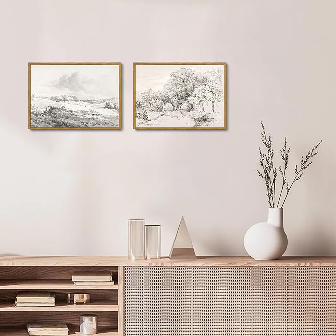 OIQArtOIQ Vintage Landscape Canvas Wall Art Framed Natural Scenery Painting Artwork Prints France Country Wilderness Farmhouse Decor Pictures Kitchen Bedroom Living Room Bathroom