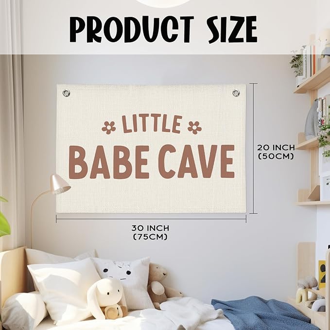 Little Babe Cave Banner, Baby Girl Nursery Decor, Toddler Boy Girl Room Decor, Baby Shower Flower Linen Canvas Banner Wall Hanging Flag 20x30 Inch