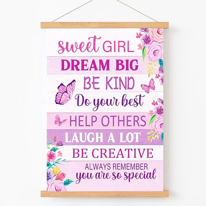 Qswo Positive Affirmations Wall Decor for Girls,Sweet Girl Dream Big Pink Wall Art Poster Hanger Frame,Inspirational Hanging Canvas Wall Decor for Girls Room Dorm Nursery