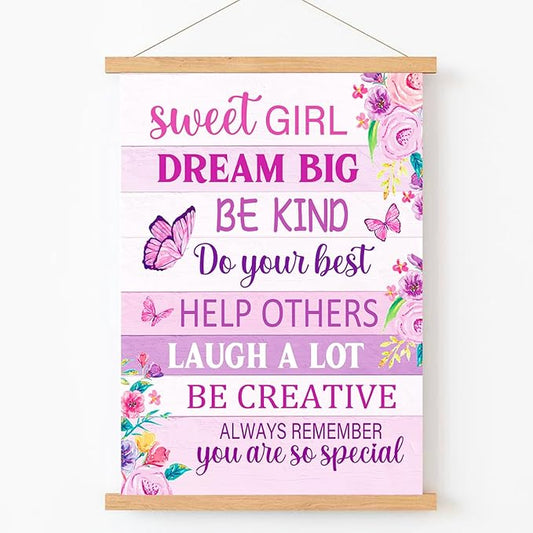 Qswo Positive Affirmations Wall Decor for Girls,Sweet Girl Dream Big Pink Wall Art Poster Hanger Frame,Inspirational Hanging Canvas Wall Decor for Girls Room Dorm Nursery