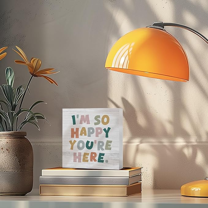 Boho Classroom Wooden Box Sign, Boho Classroom Decor, I'm So Happy You're Here Wood Block Box for Kids Nursery Room Bedroom Playroom Desk Shelf Table Decor, 5x5 Inch FY-mh-663