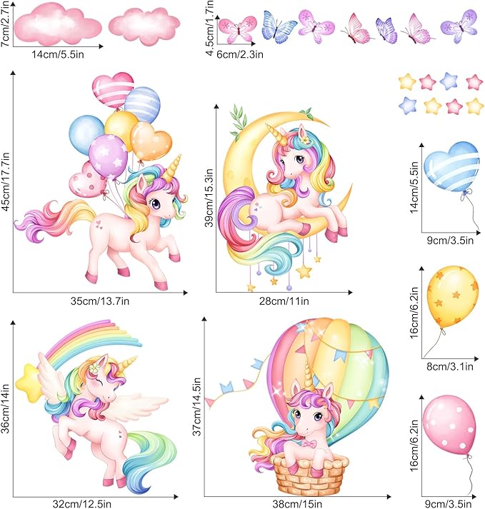 Unicorn Rainbow Wall Decals Hot Air Balloon Moon Clouds Stars Wall Stickers Baby Nursery Girls Bedroom Kids Room Wall Decor