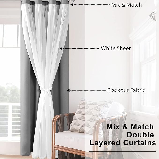 Hiasan Blackout Curtains with Sheer 84 Inches Long, Grommet Thermal Insulated Mix & Match Double Layer Window Curtains for Bedroom, Living Room, 2 Drape Panels with Tiebacks, Grey, 70W X 84L