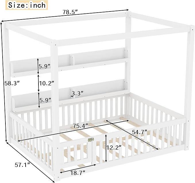 Polibi Full Size Montessori Floor Bed with Guardrails, Low Profile Solid Wood Canopy Frame with Built-in Shelves, No Box Spring Needed, for Kids & Teens, White