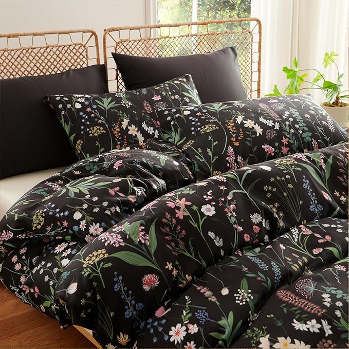 Floral Duvet Cover Twin Black 2 Pieces Elegant Botanical Flower Bedding Set Farmhosue Aesthetic Bedding Soft Microfiber Duvet Cover Set with 1 Pillowcase