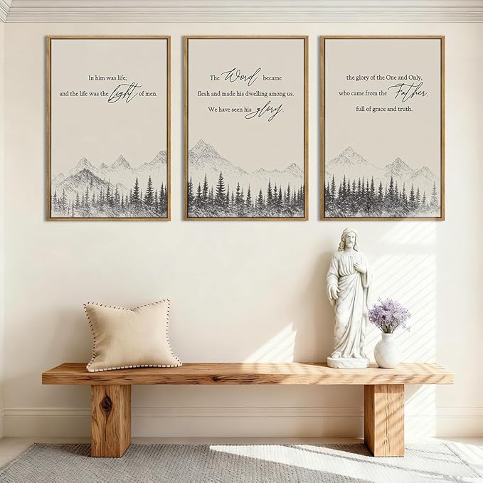 IARTTOP Extra Large Christian Bible Verse Framed Wall Art 24x36 Inch Set of 3 Jesus Catholic Biblical Scripture Canvas Wall Decor Minimalist Grey Mountain Landscape Prints for Living room Dining room