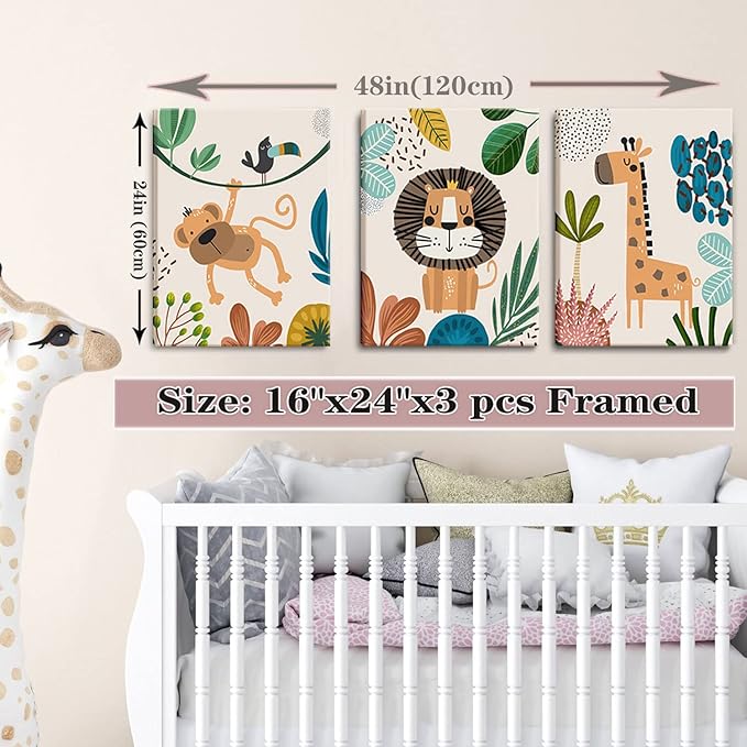 AKWISH Safari Jungle Nursery Wall Decor Set of 3 - Framed Animal Canvas Wall Art for Baby Room, Toddler Boy or Girl Bedroom, Cute Safari Themed Baby Nursery Decor 16x24in