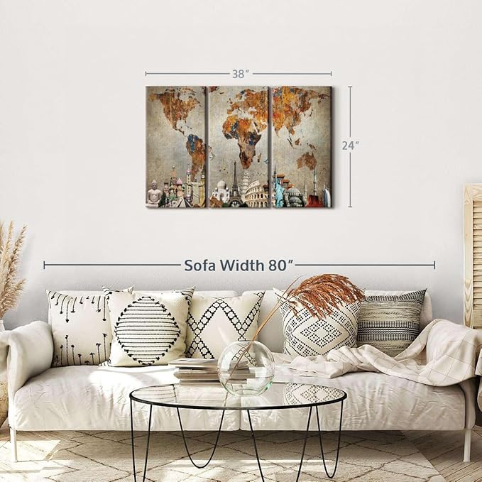 ElephantStock Rusty World Map Multi Piece Canvas - 3 Piece Canvas World Map Wall Decor - Wall Decor, Ready-to-Hang Vintage Wall Art - 38" X 24"