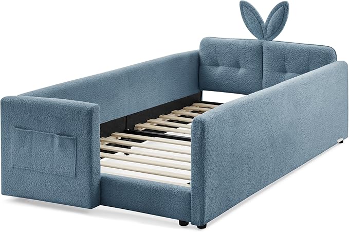 Twin Bed with Rails, Montessori Bed Frame for Toddlers, Boucle Upholstered Platform Bed with Rabbit Ear Headboard, for Kids & Teens, Blue