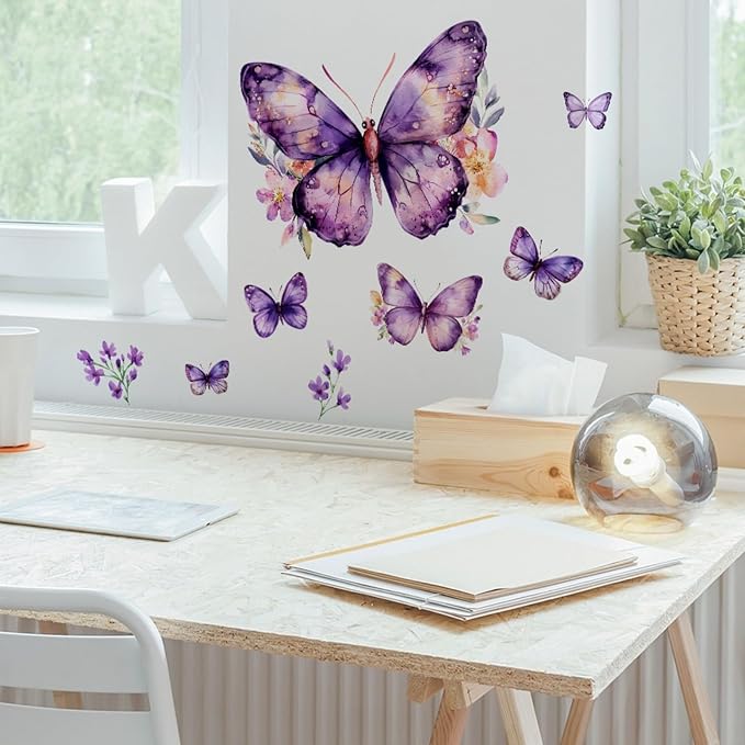 Purple Butterflies Wall Stickers Pink Flower Wall Decals, Removable Peel and Stick Wall Art Murals for Girls & Boys Bedroom,Nursery Bathroom Playroom Living Room