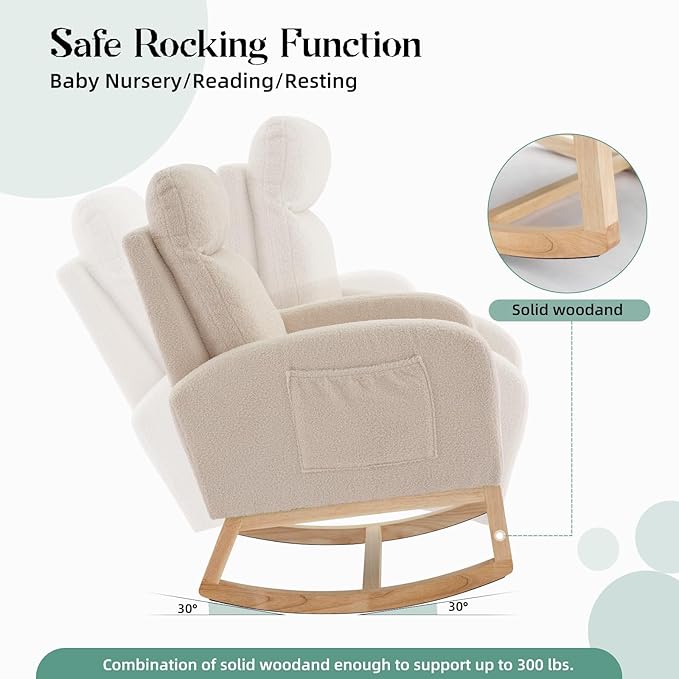 Rocking Chair Nursery, Modern Upholstered Glider Rocker with Side Pocket, Upholstered Lounge Chair with Solid Wood Base for Relaxin, for Living Room, Bedroom
