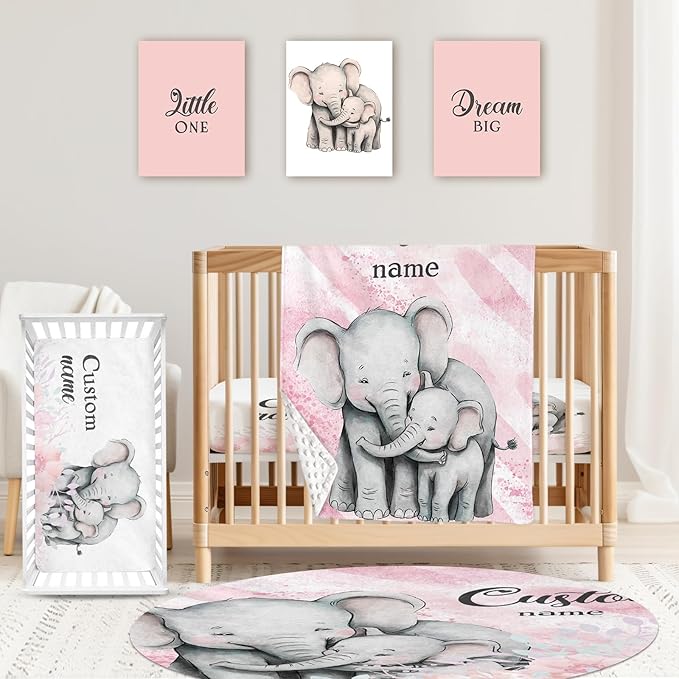 Custom Baby Crib Bedding Set,Personalized Name Pink Elephant Pattern Nursery Bed Set 4 Piece,Baby Blanket Fitted Sheet Nursery Rug Wall Art Set,Custom Room Decor Idea Gift for Newborns Boys Girls