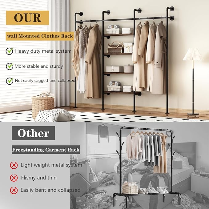 Industrial Pipe Clothes Rack,Wall Mounted Clothing Rack Wardrobe Multi-Purpose Storage Clothes Hanging Shelf-94.5''L Black