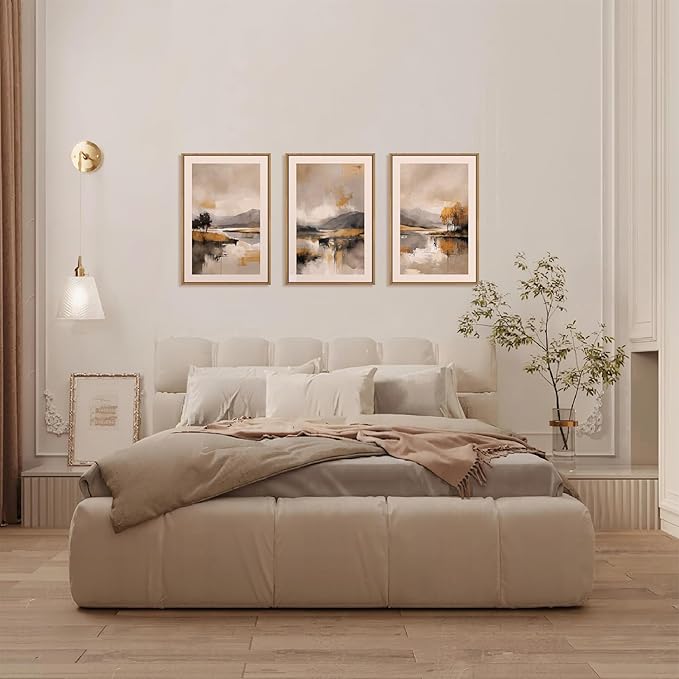 FWIEXA Abstract Neutral Canvas Wall Art Set , Beige Grey Fall Mountain Framed Wall Decor, 3 Panel 16x24 Inches Watercoler Lake Artwork, Brush Stroke Autumn Forest Landscape Prints for Living Room, Office, Bedroom