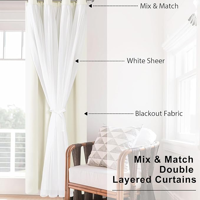 Hiasan Mix & Match Ivory Blackout Curtains with Sheer, Thermal Insulated Privacy Double Layer Grommet Window Curtains for Bedroom, Living Room, Nursery, 2 Drape Panels with Tiebacks, 52W X 96L