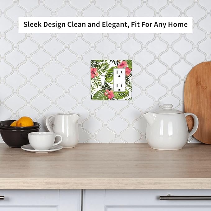 Tropical Plant Green Palm 2 Gang Light Switch Cover Decorative Combination Wall Plate Banana Leaves Pink Flower Rainfores Jungle Botanical Single Toggle Rocker Electrical Faceplate for Kitchen Home
