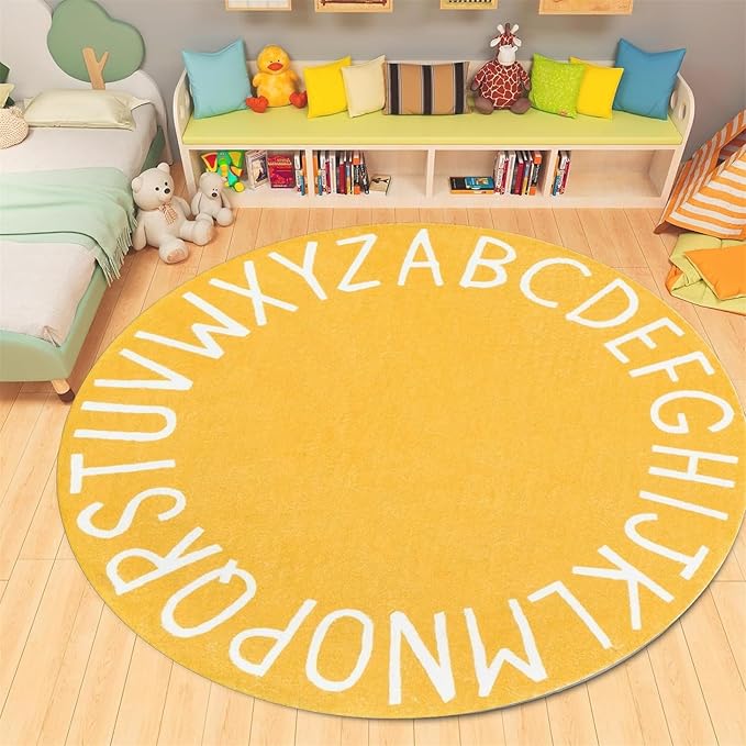 4ft Kids Circle Rug,ABC Rugs for Kids Playroom,Colored Alphabet Nursery Area Rug, Non-Slip Mat, Carpet Suitable Modern Home Decoration for Living Room Machine Washable Rugs, Anti-Slip Easy Clean