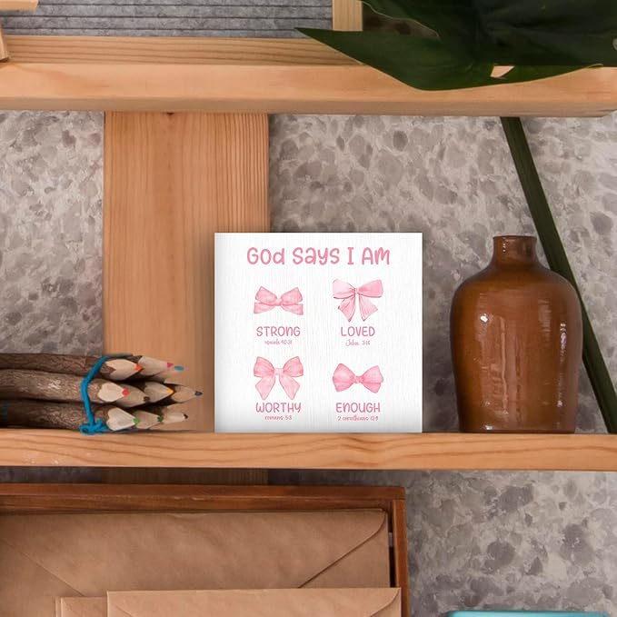 Preppy Coquette Bow Christian Wood Box Sign - Bible Verse Desk Shelf Decor, Coquette Room Decor, Pink Inspirational Christian Wooden Block Plaque Box Sign for Girl Room Nursery Dorm Decorations