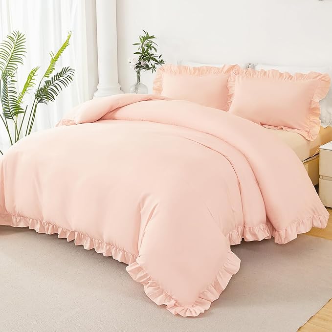 Full Size Comforter Cover Set for Kids Peach Pink Ruffle Duvet Cover Sets 3 Pieces Ruffled Bed Cover Set Vintage Cute Girls Bedding Quilt Cover Set All Seasons(Peach Pink, Full)