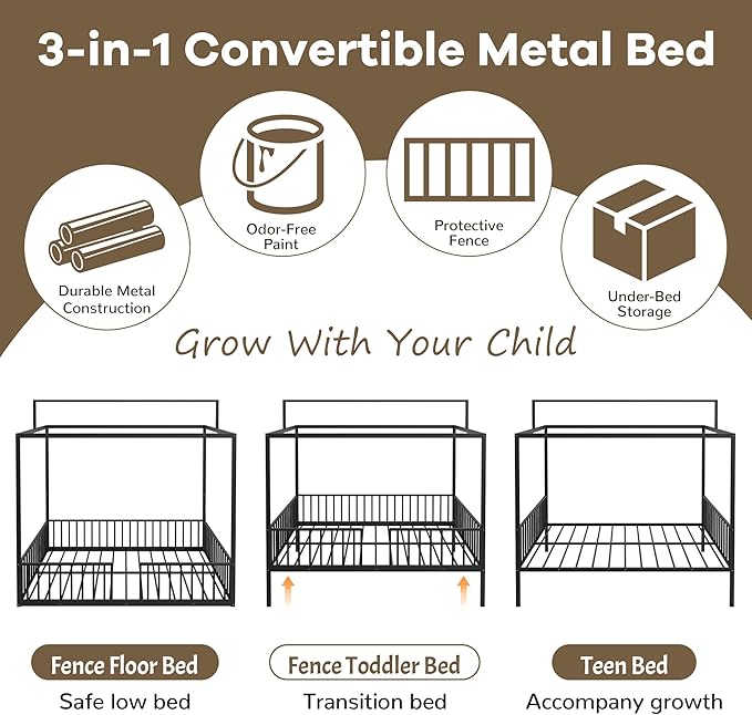 Harper & Bright Designs Full Size Montessori Floor Bed Frame for Kids, Metal Floor Bed with Canopy and Guardrails, High Fenced Canopy Bed with Sturdy Metal Slats Support, Easy Assembly, Black