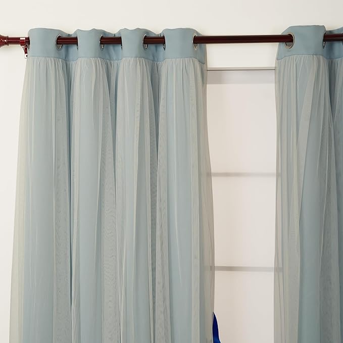 INLINAS 52 x 84 Inch Blackout Curtains with Sheer Overlay - Grommets Thermal and Noise Reduction Panels for Bedroom and Living Room Light Blocking and Energy Saving, Sky Blue, Set of 2