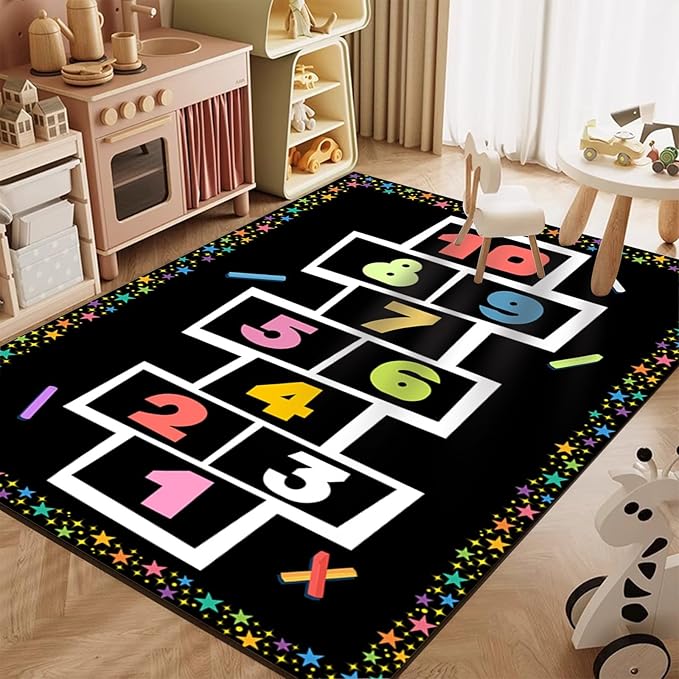 Hopscotch Rug for Kids, 5x8ft, Colored Star Pencil Toddler Play Mat, Non-Shedding Pet Friendly Low Pile Rugs, Dirty Resistant Foldable Non Slip Carpets for Indoor Nursery Floor