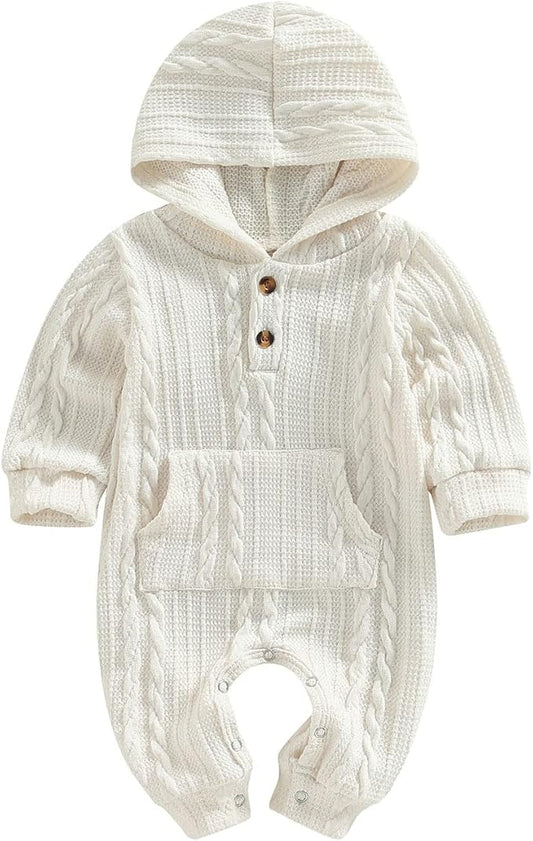 Infant Boys Girls Knit Sweater Romper Baby Toddlers Long Sleeve Hooded Button Up Winter Outfits with Pocket