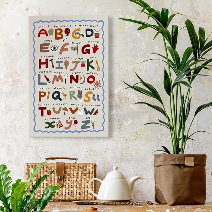 Cute First Illustration Alphabet Learning Canvas Print Posters Eclectic Nursery Wall Art Funny Boho Kids Educational Abc Chart Colorful Decor Picture for Toddlers Classroom Playroom 12x16inch Framed