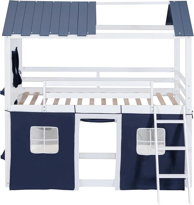 Full Size House Bunk Bed with Elegant Windows and Sills, Solid Wood Tent Bed Frame with Guardrails for Kids Teens Boys Girls, Versatile Spacious Under Bed Space with Curtains (White+Blue C)