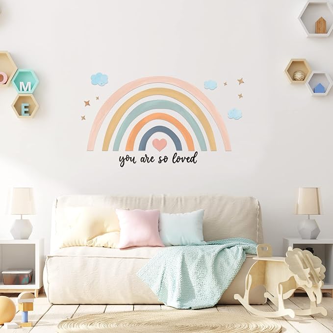 Containlol Rainbow Wall Decals, Playroom Wall Decor for Girl Room, Watercolor Peel and Stick Wallpaper, Boho Wallpaper 30 x 14 Inch Heart Art Stickers for Toddler Bedroom Nursery(Blue Pink,Cute)