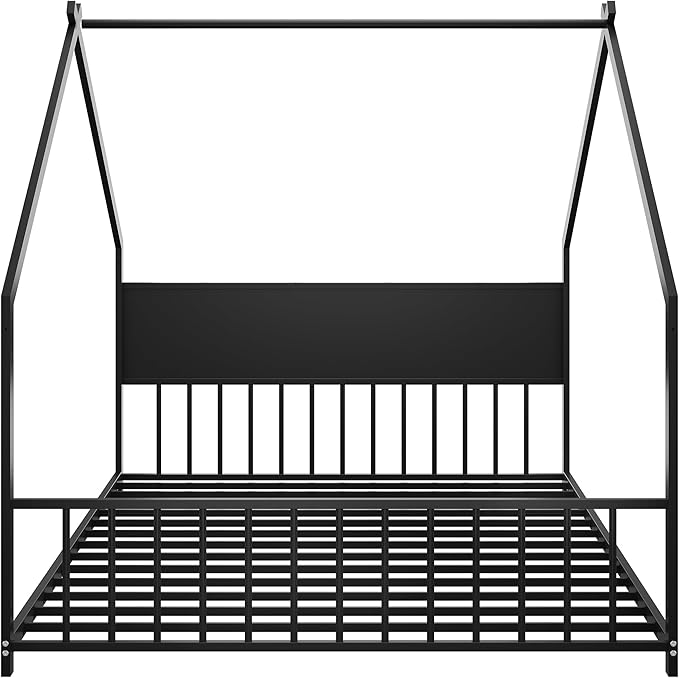 Ball & Cast Full Size Floor Bed,Low to Ground Montessori Bed with Roof & Colorful LED Lights,Toddler House Bed Frame W/Slats and Legs,No Box Spring Needed,for Girls Boys,Black