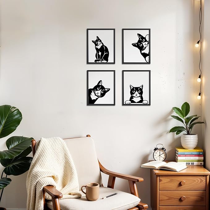 OFJE Funny Black Cat Lover Gifts Wall Art Decor Prints Set of 4, Cute Cat Pictures Wall Decor Living Room Bedroom Bathroom, 8x10 Unframed