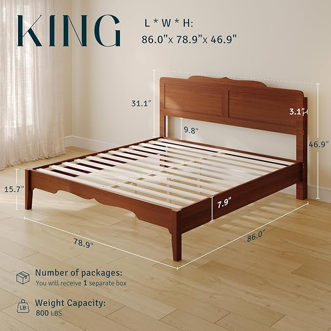 King Bed Frame and Headboard, Wooden Platform Bed with Wood Slats Support, Modern Bed Frame with Storage&Charging Station, No Box Spring Needed, Easy Assembly, Noise Free, Brown