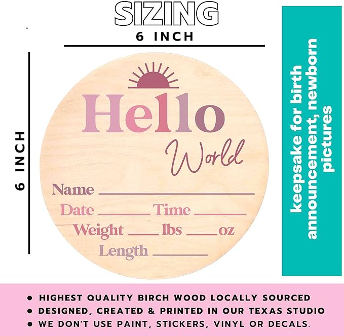 Hello World Newborn Sign - Baby Name Birth Announcement Plaque for Hospital - Photo Prop - Purple Pink Ombre Nursery Decor - Shower Gift