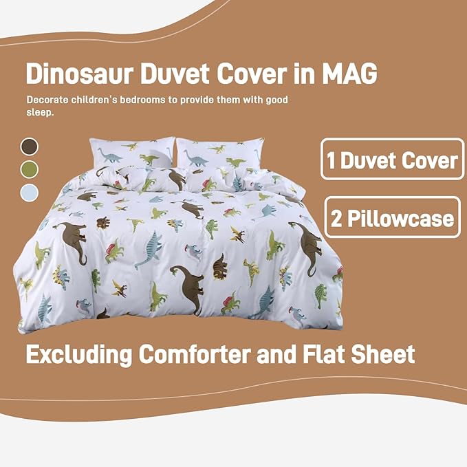 MAG 3Pcs Dinosaur Duvet Cover Set, Colorful Dino Queen Size White Based Duvet Cover Set, for Kids, Toddler, Teens Boys and Girls, Super Soft Microfiber, Queen Size(no Comforter Inside)