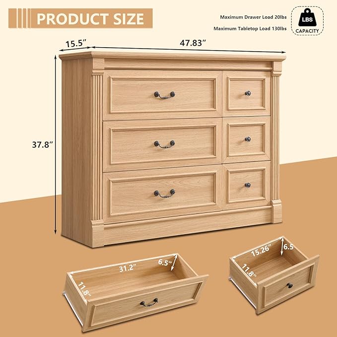 Farmhouse 6 Drawers Dresser for Bedroom, 48" Wide Large Dressers & Chests of Drawers w/Roman Column, Storage Dressers Organizer for Bedroom, Hallway, Living Room, Natrual